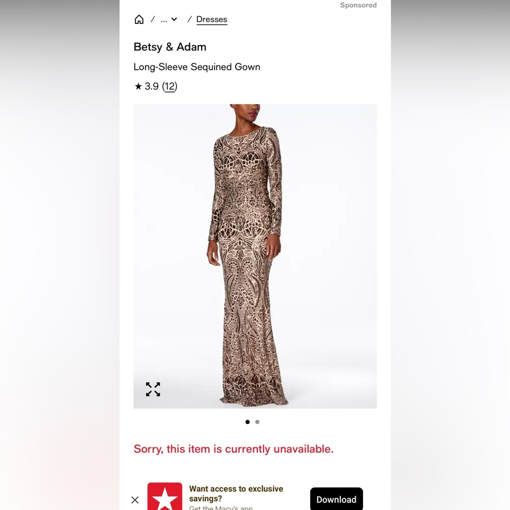 Betsy & Adam long sleeve sequin gown